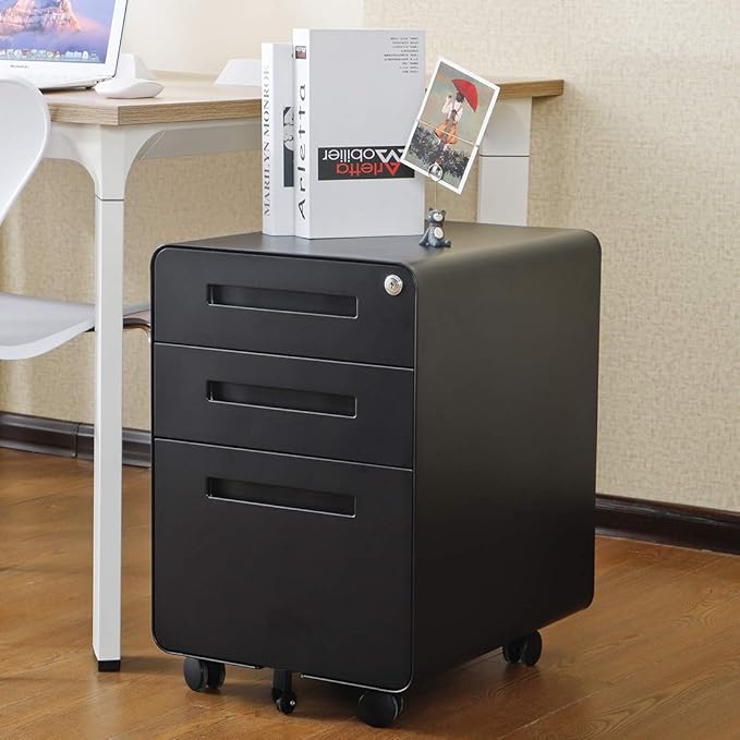 Garvee 3 Drawer File Cabinet with Lock, Under Desk Mobile Metal Filing Cabinet for Home Office, 5 Wheel Anti-Tilt Rolling File Cabinets for A4/Letter/Legal Size, Fully Assembled