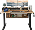 CubiCubi 55" Electric Standing Desk with Under Desk Shelves, Sit Stand Rising Computer Desk with Monitor Shelf, Home Office Desks with Hooks, Adjustable Height Stand Up Workstation Table, Rustic Brown