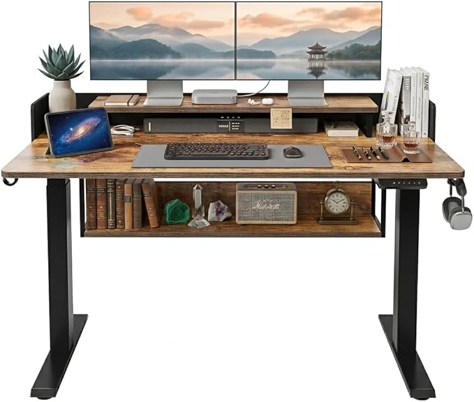 CubiCubi 55" Electric Standing Desk with Under Desk Shelves, Sit Stand Rising Computer Desk with Monitor Shelf, Home Office Desks with Hooks, Adjustable Height Stand Up Workstation Table, Rustic Brown