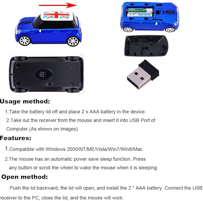 Jinfili Cool Style Car Wireless Mouse Ergonomic USB Gaming Mice for Desktop Laptop PC Notebook