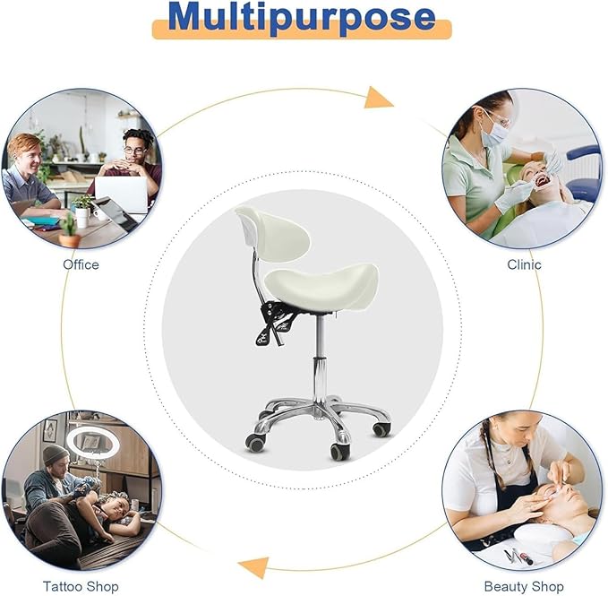Saddle Stool with Wheels,3-Way Function Rolling Stool with Back Support,Ergonomic Stool Saddle Stool for Hair Stylist for Dentist Salon Tattoo