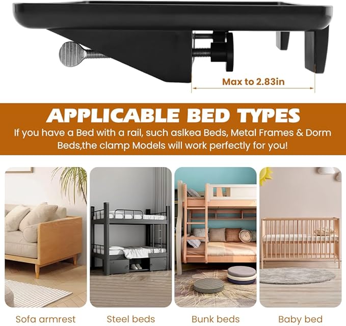 Bedside Shelf for Top Bunk Bed, College Dorm Room Essential Bed Side Table Tray Organizer, Black Clip on Nightstand Tray with Cable Management for Bunk & Loft Beds