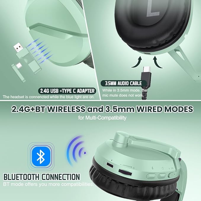 WolfLawS Wireless Gaming Headset with Noise Canceling Microphone for PS5, PC, PS4, 2.4G/Bluetooth Gaming Headphones with USB and Type-c Connector, Wired Mode for Controller (Green)