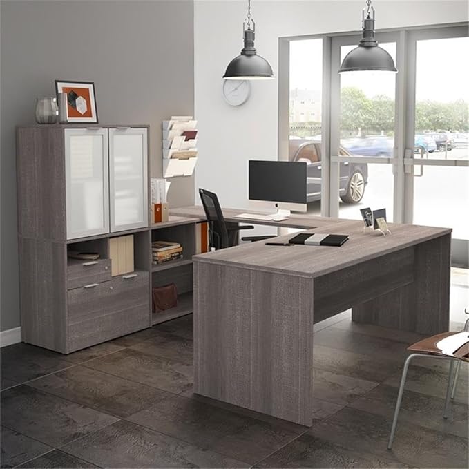 Atlin Designs U Shape Computer Desk with Hutch, Bark Gray Finish, 71 in Wide, Melamine and Particle Board Construction, Lockable Drawers, Frosted Glass Doors, Reversible Office Desk for Home or Work