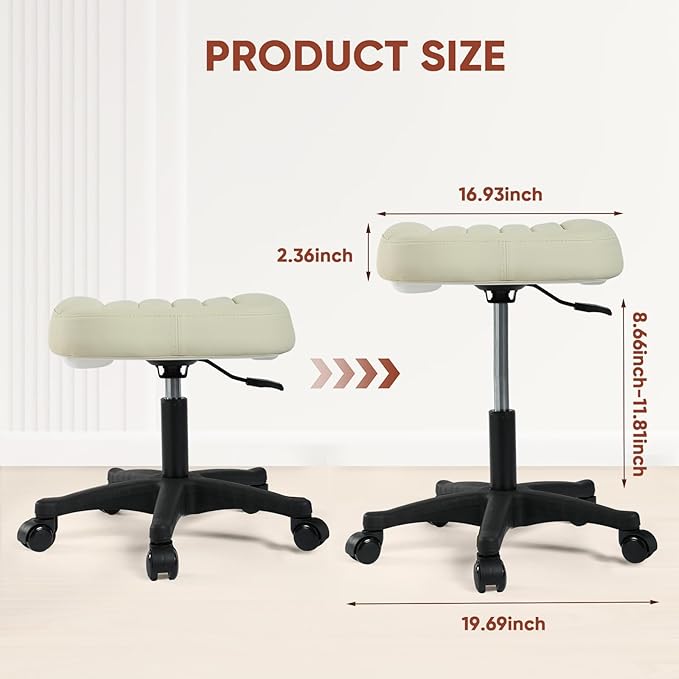 Height Adjustable Foot Stool,Large Seat Under Desk Footrest,Swivel Rolling Chair Sturdy Wheels,Ottoman Stool Simple Meeting Chair for Home Office,Creamywhite