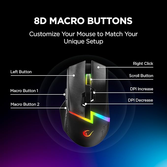 Rampage M3 Wireless Gaming Mouse. 10000 DPI, Tri Mode USB C, Bluetooth, 2.4GHz. 55 hr Battery Life RGB Mouse Designed for Mouse Gamers - Black.