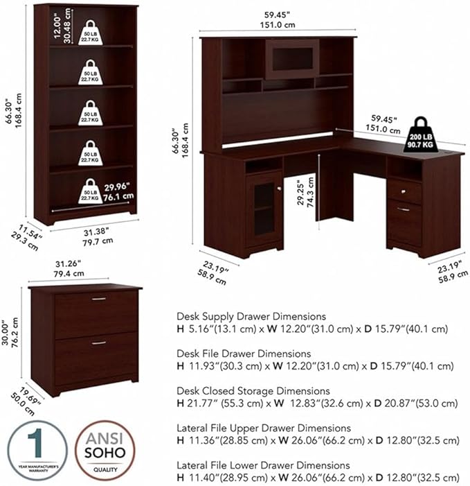 Bush Furniture L Shaped Desk with Hutch, 5 Shelf Bookcase and Lateral File Cabinet | Cabot Collection Corner Computer Table with Storage and Bookshelf | 60Wx23DX37W