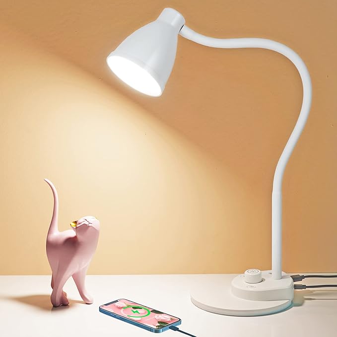 BOHON LED Desk Lamp with USB Charging Port, 3 Color Modes Dimmable Reading Lamp, Auto Dimming Task Lamp, Flexible Neck Table Light for Dorm Bedside, Adapter Include, White