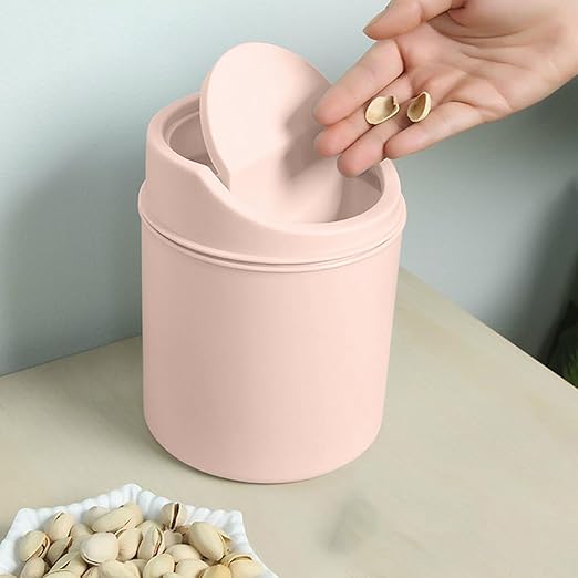 Mini Desktop Trash Can with Lid - 6.3'' Swing-Lid Plastic Garbage Bin for Desk, Countertop & Kitchen, Tiny Creative Waste Basket for Living Room & Office Organization (Pink)