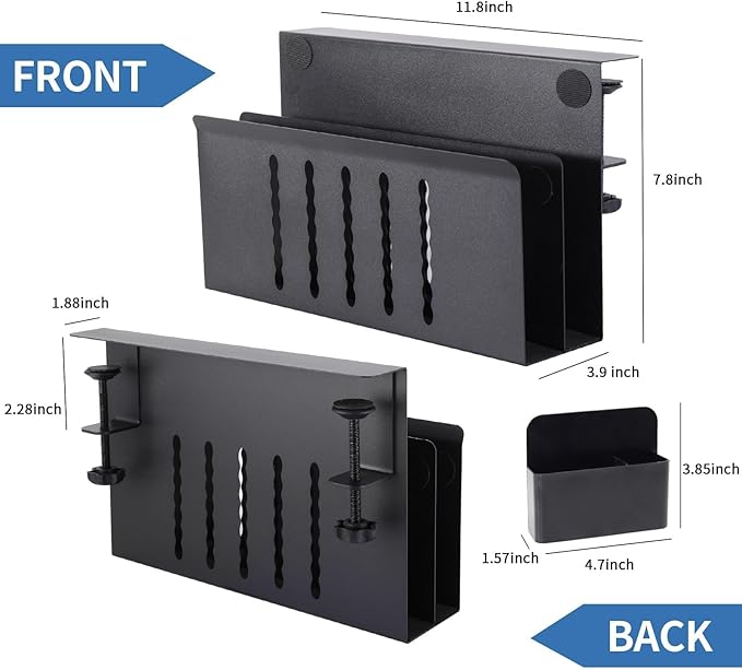 2 Tier Desk Side Storage, Desk Laptop Holder with Magnetic Pen Holder, No Drill Hanging Table Organizer for Office and Home Fits Flat Edge 0.3" to 2.3"
