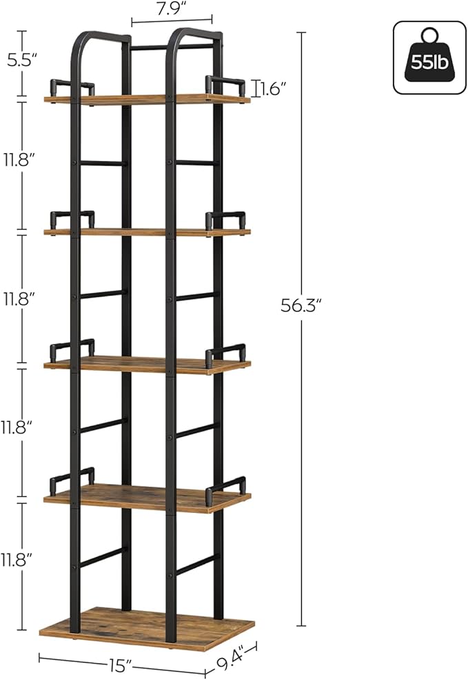 YATINEY 5 Tier Rotating Bookshelf, Freestanding Corner Bookshelf, 360 Spinning Bookcase Tower, Tall Industrial Style Organizer, Storage Shelf Bookcase for Living Room, Study, Rustic Brown SJ02BR