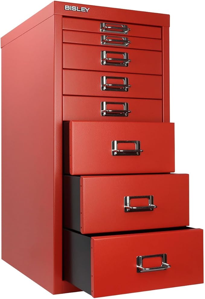Bisley 8-Drawer Steel MultiDrawer Cabinet - Cardinal Red, Chrome Pull Handles with Label Holders, Powder-Coated Steel, Removable Drawers, Fits Under Most Desks, Labels Included