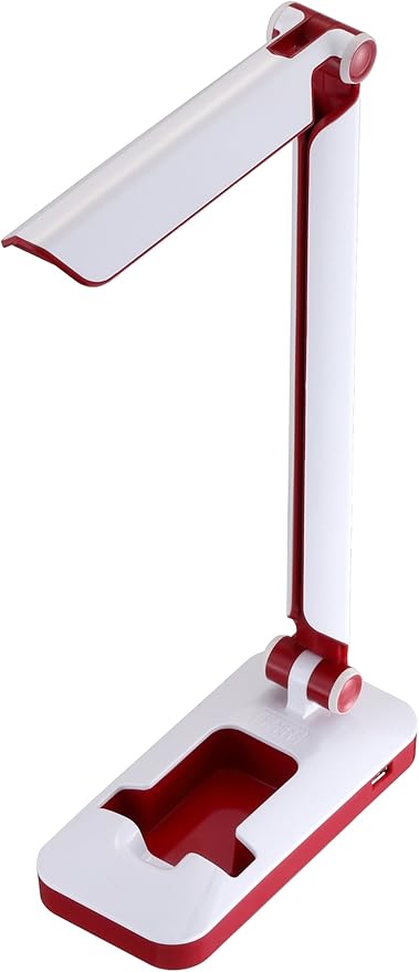 Black and Decker Office LED3FOLD-WHTRED PureOptics Verve 5W Flicker-Free Natural Daylight LED Desk Lamp with USB Charging Port, Phone Stand, 2 Dimming Levels (267 Lumens), 16" x 9" x 3.5" , White/Red