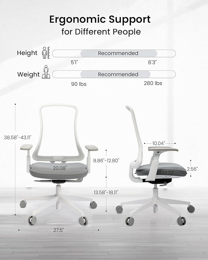 ProtoArc Ergonomic Office Chair – Flexer Mesh Couputer Chair for Women, Foam Sliding Seat, 125° Recline, Home Desk Chairs for Small Spaces, Stylish & Comfortable – White