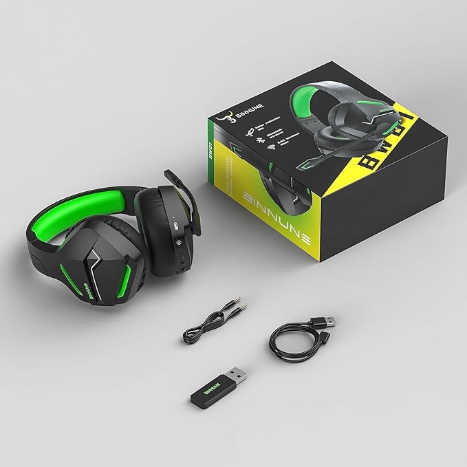 BINNUNE 2.4GHz Wireless Gaming Headset, Bluetooth 5.3 Gaming Headphones with Noise Canceling Mic, 120H Ultra-Long Battery, 50mm Drivers, Multi-Platform for PC / PS5 /PS4/ Switch/Mobile, Green