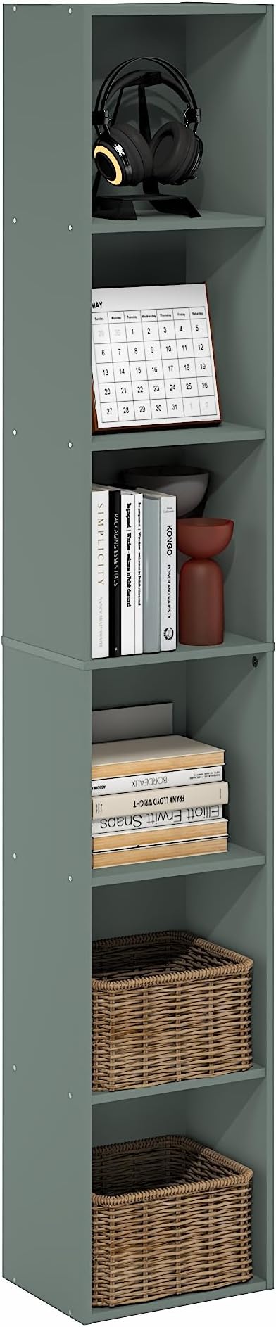 Furinno LUDER Book Shelf, 6-Tier Tall Modern Bookshelf, Bookcase with Open Shelving, Floor Standing Shelves, 9.3 x 12 x 71, for Living Room, Bedroom, Home Office, Sage Green