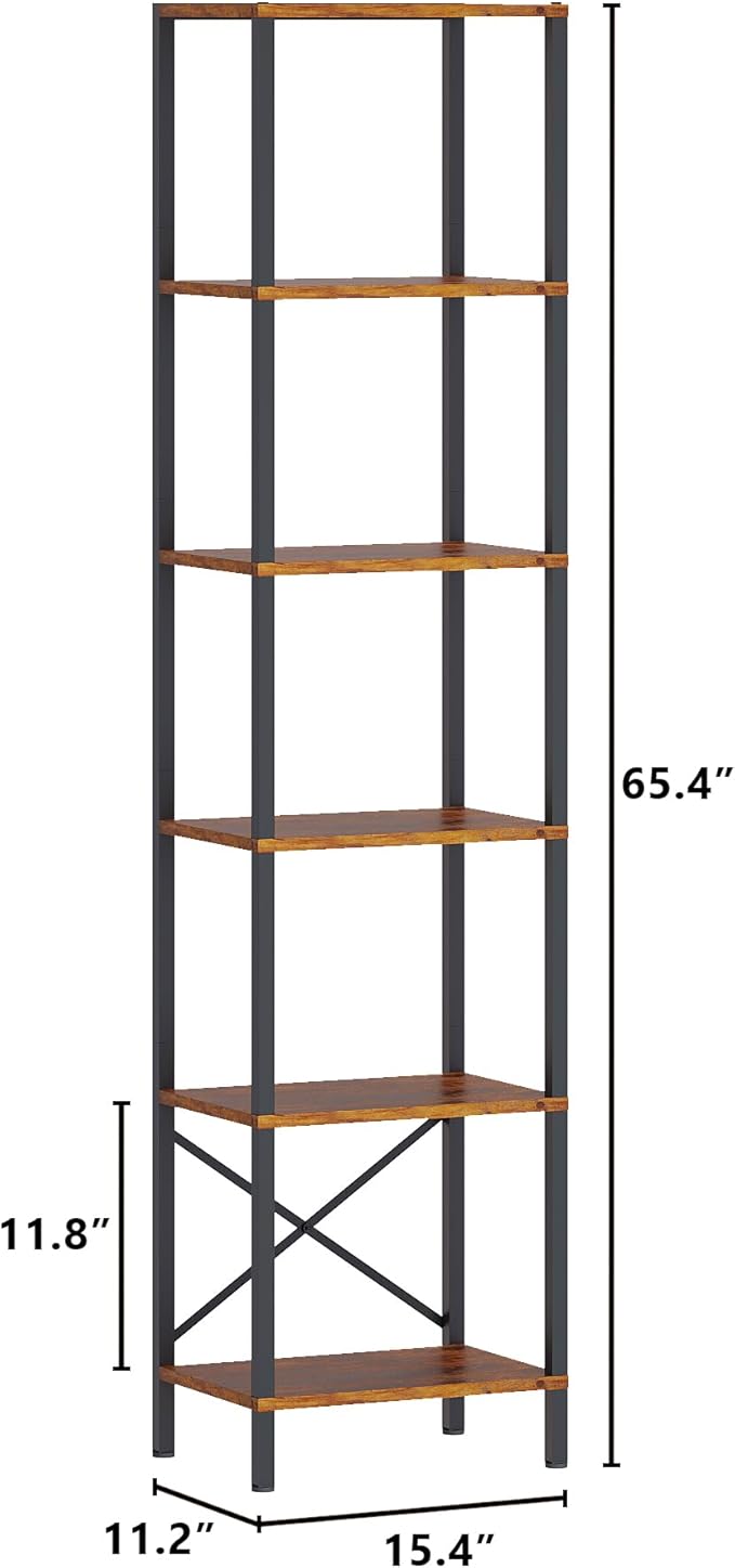 JARHETUN 6-Tier Bookshelf, Tall Narrow Bookcase with LED Lights, Book Shelf with Steel Frame, Display Storage Shelf for Living Room, Bedroom, Home Office, Study, Balcony, Rustic Brown