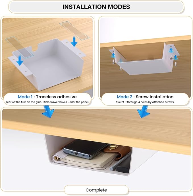 4 Pack Adhesive Under Desk Hanging Shelf Mount Drawer Organizer, Attachable Plastic Under Desk Storage Tray for Standing Desks, Tables, Workstations, Gaming, Cabinet, Increase Storage Space - White