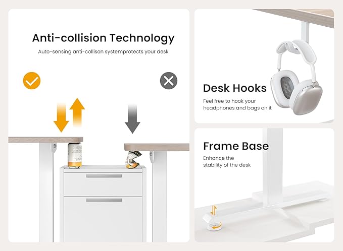 BANTI 63 × 28 Inches Standing Desk, Ergonomic, Electric Height Adjustable, Sit and Stand Up, Computer Desk with a Deeper Desktop, White Frame/Maple Top