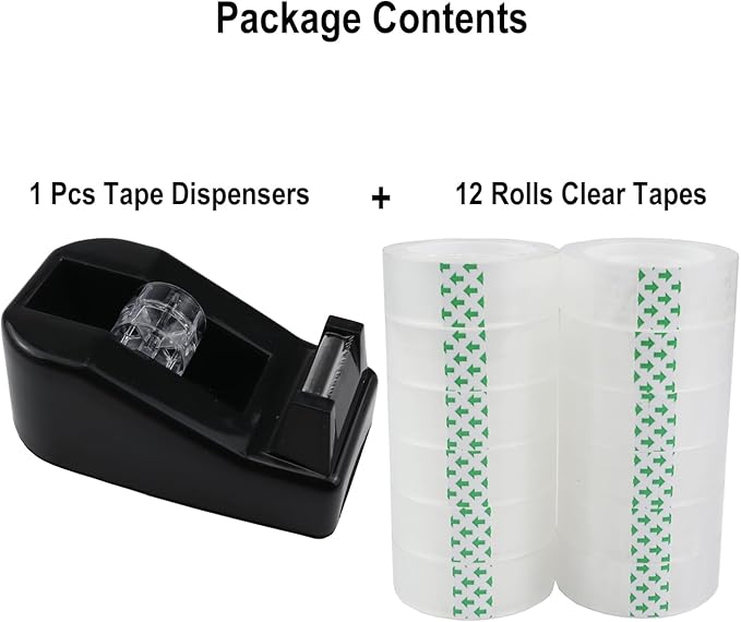 Desktop Tape Dispenser,1 Pack Black Tape Dispensers with 12Rolls Transparent Tape, for Packaging in Office,Restaurant, Flower Shop,Cake Shop (Black)