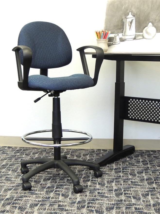 BOWERY HILL Contemporary Fabric Drafting Stool, Blue Tweed Upholstery, Adjustable Loop Arms, Pneumatic Seat Height, Chrome Footrest, Nylon Base, Dual Wheel Casters, Ergonomic Office Chair