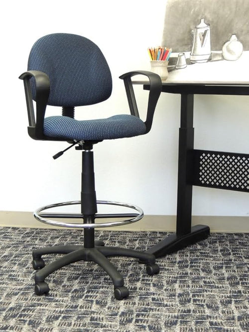BOWERY HILL Contemporary Fabric Drafting Stool, Blue Tweed Upholstery, Adjustable Loop Arms, Pneumatic Seat Height, Chrome Footrest, Nylon Base, Dual Wheel Casters, Ergonomic Office Chair