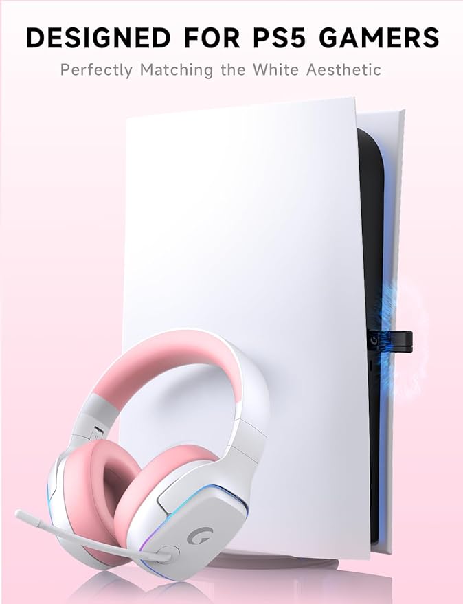 Gvyugke 2.4GHz Wireless Gaming Headsets for PS5, PS4, PC, Switch - Bluetooth 5.3 Gaming Headphones with Noise Canceling Mic, 7.1 Surround Sound, 70H Battery, RGB Lighting - Pink