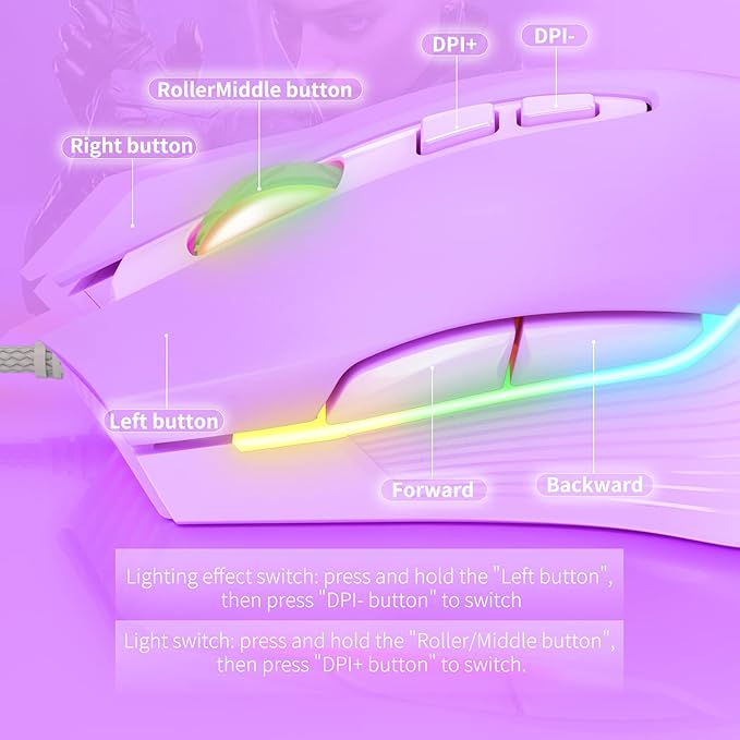 Cute RGB 6400 DPI Wired Gaming Mouse Breathing LED Optical USB 7 Buttons Gamer Computer Pink Mice for Laptop PC Desktop (Purple)