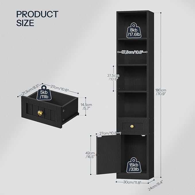 HOOBRO 70.9" Inch Tall Bookcase, Tall Narrow Bookshelf with Storage Cabinet, Open Shelf with Adjustable Shelf, Space Saving Storage Shelf Bookcase for Office, Living Room, Bedroom, Black BK42SJ01