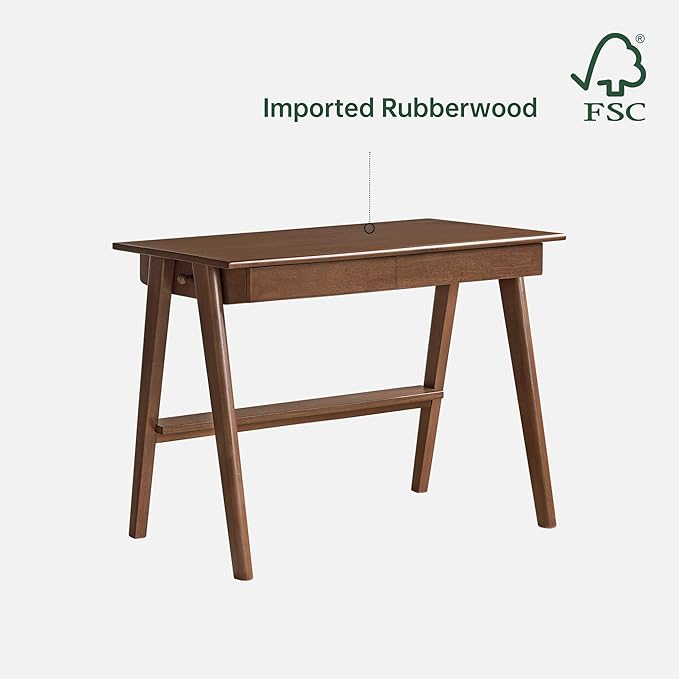 Walnut Color Home Office Desk, 100% Solid Rubber Wood Desk, Mid Century Modern Writing Computer Desk with Drawer for Sturdy Room, Bedroom 39.37" W