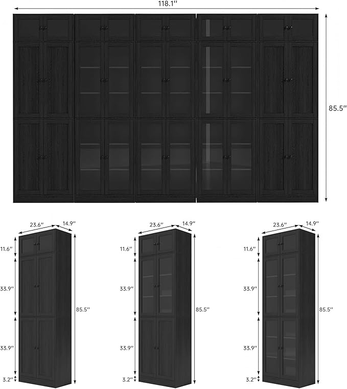VOWNER 85.5" Tall Wooden Bookshelf 5 Sets, Storage Cabinet with Glass Doors, 7 Tier Bookcase for Living Room, Pantries with Doors and Shelves, Modern Large Storage for Home Office (Black)