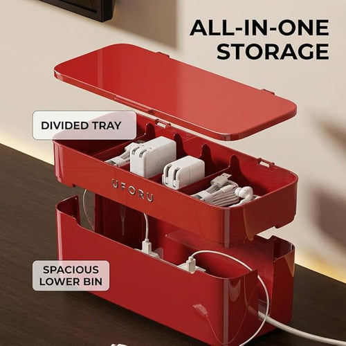 2-Tier Rolling Cable Management Box with Wheels (Large) – Mobile Power Strip Hider & Cord Organizer – Under Desk Wire Concealer & Charging Station Organizer – Baby & Pet Proof Safety (Cream White)