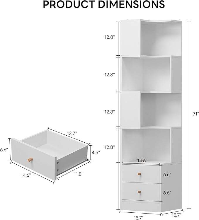 IRONCK Corner Bookshelf, 70.87" Tall Corner Bookcase with Drawers, Corner Shelf Storage Display Rack for Living Room Home Office, White