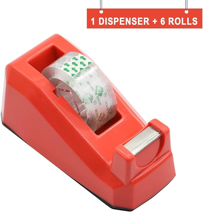BOMEI PACK Tape Dispensers Desk, 1 Pack Red with 6Rolls Transparent Tape Refills, 1 Inch Core, for Gift Wrapping, School, Office and Home
