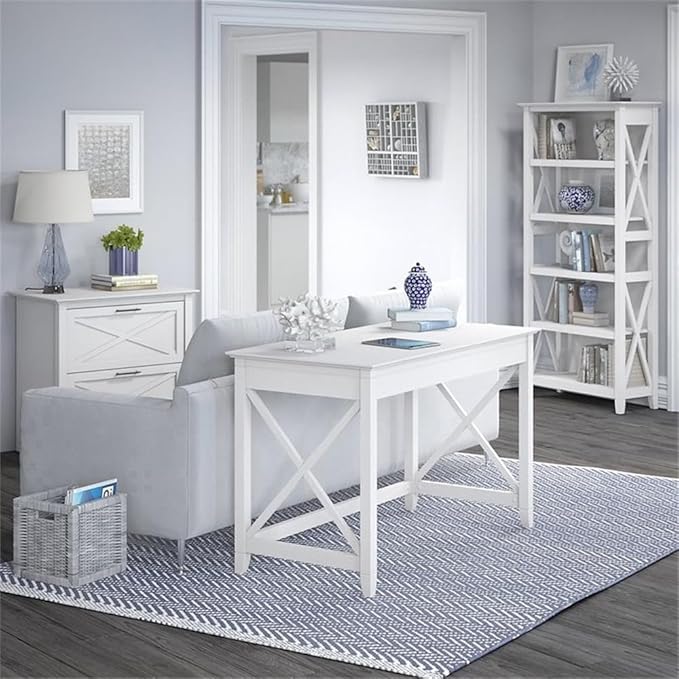 Pemberly Row Office Set, 48W Writing Desk, Lateral File Cabinet, 5 Shelf Bookcase, Post Leg Design, Durable Wood, Washed Gray/Bing Cherry/Pure White Oak Finish, Home Office Furniture for Storage and