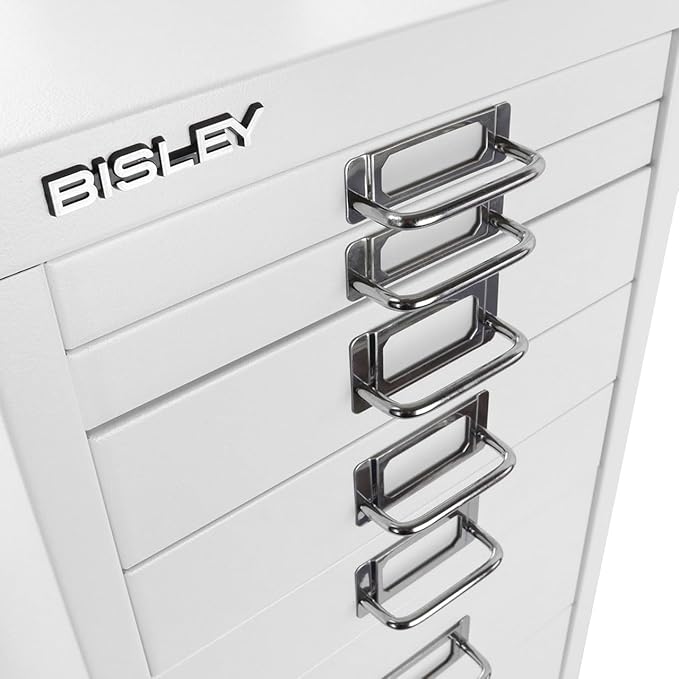 Bisley 8-Drawer Steel MultiDrawer Cabinet - Traffic White, Chrome Pull Handles with Label Holders, Powder-Coated Steel, Removable Drawers, Fits Under Most Desks, Labels Included