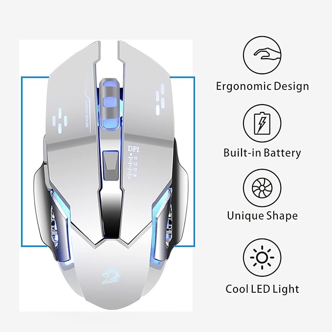 Uciefy Q85 Rechargeable Wireless Gaming Mouse, 2.4G LED Optical Silent Wireless Computer Mouse with 4 LED Light, 3 Adjustable DPI, Ergonomic Design, Auto Sleeping (Silver)