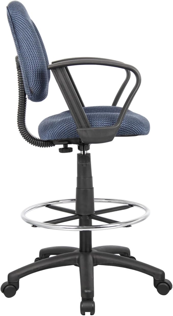 Benzara Jea Drafting Stool Chair, Loop Arms, Blue Tweed, Round Footring