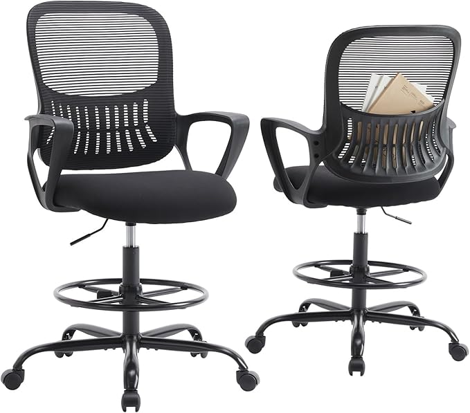 DUMOS Drafting Chair - Counter Height Adjustable Tall Office Desk Chair with Fixed Armrests and Comfortable Lumbar Support for Standing Desk, Deep Black