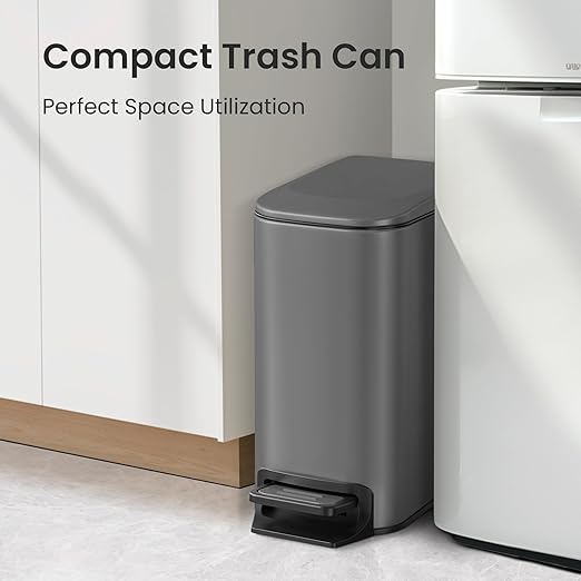 Cesun Slim Step-On Stainless Steel Desk Wastebasket – Gray (1.6 Gal)