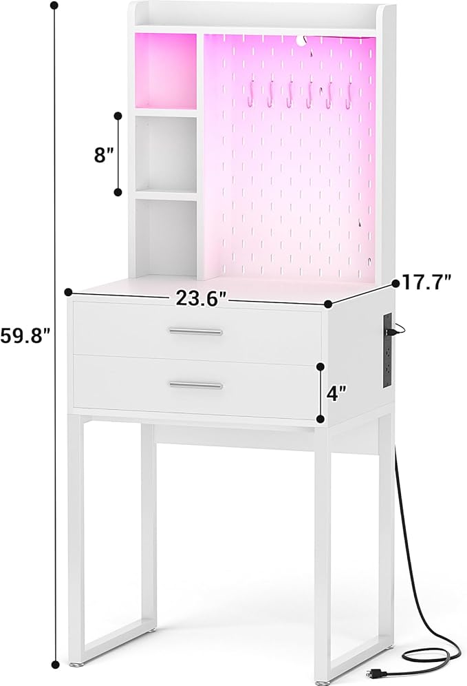 Besiost Small Vanity Desk with Hutch and Drawers, White Makeup Vanity Desk with Charging Station, Vanity Table Dressing Table with LED Lights, Vanity Desk No Mirror with Pegboard for Girls Women, 24"