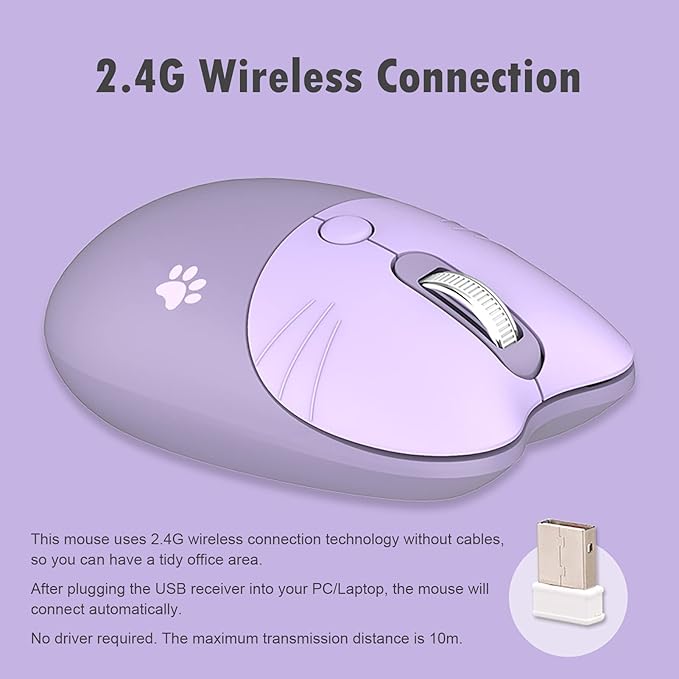 Lomiluskr Cute Cat Wireless Mouse, Lightweight Soundless Mice, 2.4G Wireless Mice, Candy Colors, Kawaii Mouse for Girls and Kids (Purple)