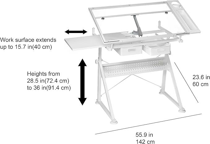 Artist's Loft Artists Loft Desk, Tilting Glass Top Adjustable Drafting Table, White, 55.9" x 23.6", 1-Pack