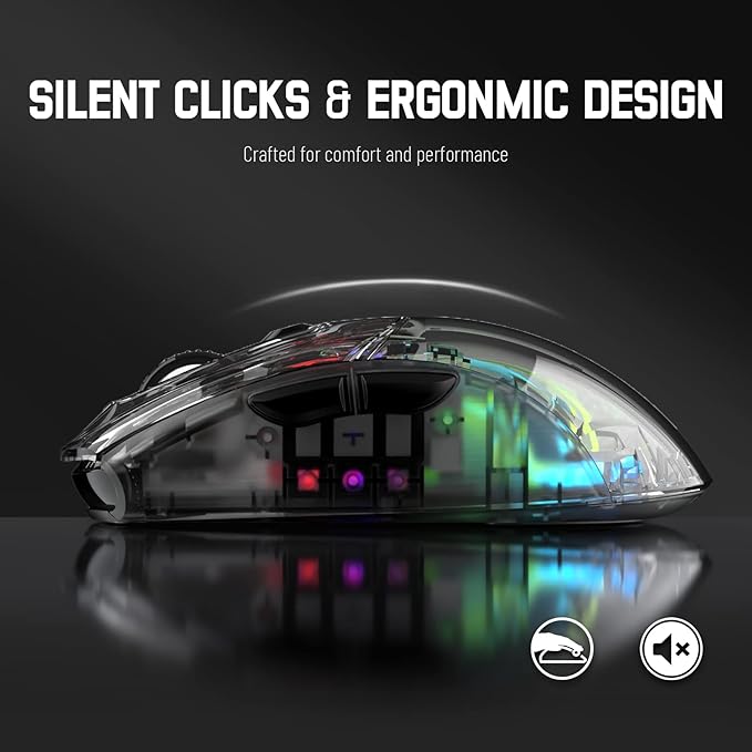 Wireless Gaming Mouse PC Transparent Shell Computer Mice with Dual Mode BT5.0/2.4G,PixArt Chip 3D RGB Lighting,Ergonomic 7 Buttons,Rechargeable Mute Mouse for PC Laptop Tablet PS4 PS5 Xbox one
