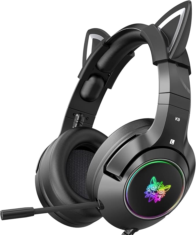 PHNIXGAM Cat Ear Gaming Cute Headset, Wired Headphones with Microphone, Surround Sound, LED Backlight for PS4, PS5, PC, Mobile Phone (Black)