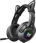 PHNIXGAM Cat Ear Gaming Cute Headset, Wired Headphones with Microphone, Surround Sound, LED Backlight for PS4, PS5, PC, Mobile Phone (Black)