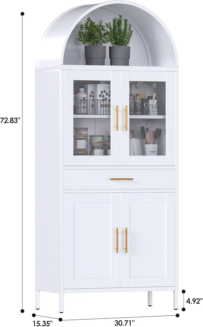 VEXPOR 73" Tall Arched Kitchen Pantry Cabinet with Doors, Metal Arched Hutch Cabinet with Drawer for Kitchen, Dining Room, Living Room, Assembly Required, White
