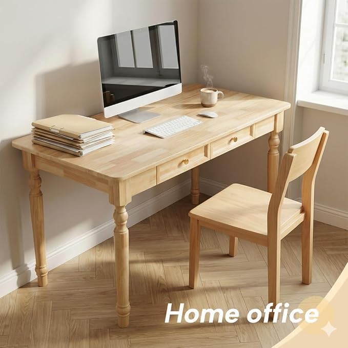 39.4in Country Desk and Chair Set, Home Office Computer Desk with Ergonomic Office Chair, Wooden Writing Desk Study Table, for Bedroom, Office or Student Workstation(Nature,39.4'' x 23.6'' x 29.5'')