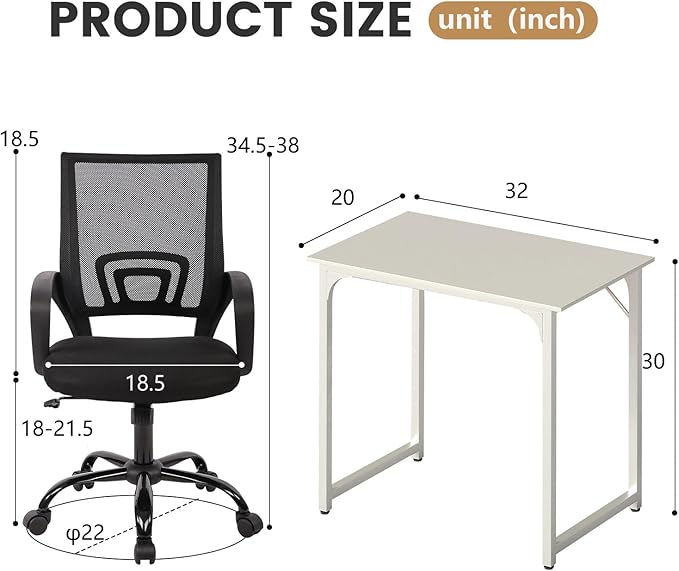 PayLessHere 32 Inch Home Office Desk and Chair Set,32 Inch Computer Desk with Ergonomic Height Adjustable Office Chair for Home Office,Pure White & Black