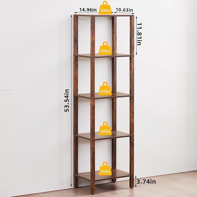 YUFAM 54in Tall Bookshelf 5-Tier Small Narrow Bookcase, Skinny Book Shelf for Small Space, Farmhouse Slim Shelf with Storage, Wood Freestanding Display Thin Bookshelves for Living Room, Office, Brown